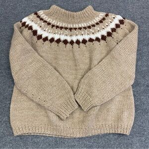 Vintage Handmade Fair Isle Yoke Sweater with White & Brown Accents